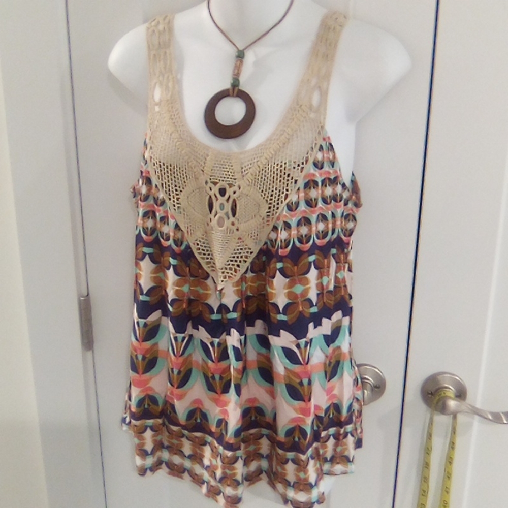 Lily White Sleeveless Multi Color Crochet Top Boho Tank
